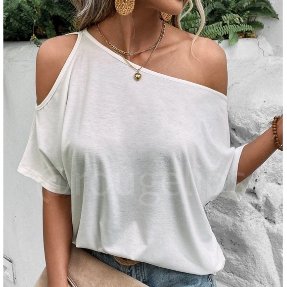 Rouge! Tops - Asymmetric Boat Neck Batwing Cut Out Short Sleeve White Tee Shirt